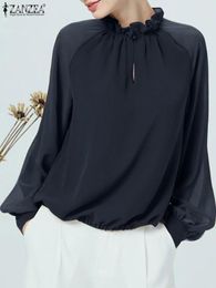 T-Shirt Spring Lace Loose Chemise 2022 Women Casual Long Sleeve Blouse ZANZEA Elegant Ruffle Mesh Shirt Slim Office Tunic Top Femininas