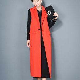 Leather Autumn Long Vest Slim Orange Red Long Woolen Vests Sleeveless Jacket Womens Wool Vests Winter Outerwear Vest Women