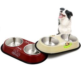 Feeding Pet Dog Bowl Food Water Dish Stainless Steel Pets Feeder Double Bowls Non Slip Feeding Tray Pet Supplies For Cat Puppy Dogs Bowl