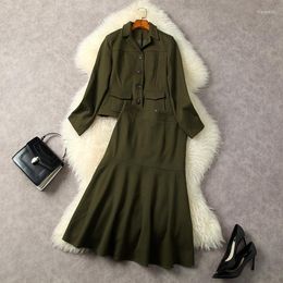 Work Dresses European And American Women's Clothes 2023 Spring Long Sleeved Green Single Breasted Coat Fishtail Skirt Fashion Suit