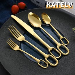 Dinnerware Sets 4Pcs Luxury Cutlery Set Stainless Steel Knife Fork Spoon Tableware European Dinnerware Creativity Hangable Design Support 230503