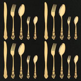 Dinnerware Sets Vintage Western Mirror Gold Cutlery Tableware Set 20Pcs Dining Flatware Knife Cake Fork Teaspoon Luxury Dinnerware Set Engraving 230503