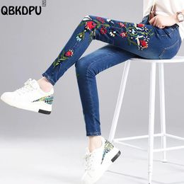 Jeans Chic Floral Embroidery Pencil Jeans Women High Waist Stretch Skinny Vaqueros Casual Cowboy Capris Ankle Length Slim Denim Pants