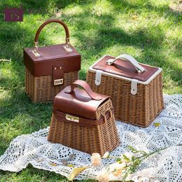 Storage Bags Spot Rattan Woven Leather Handle Gift Box For Wedding Bridesmaids With Gifts Suitcase Picnic