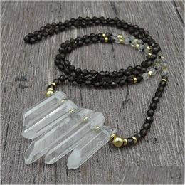 Pendant Necklaces 5 Gradual Natural Clear Crystal Point 4Mm Smoke Quartz Round Beads Knot Handmade 30Inch 40Inch Drop Delive Dhgarden Dhzzf