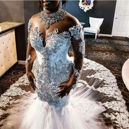 Luxurious Beading Neck Mermaid Wedding Dresses Rhinestone Long Sleeve Lace Appliques Long Train Wedding Gowns Plus Size Bridal Dress