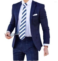 Men's Suits Men's Plaid Wedding Suit Fashion Check 2 Pieces Men Vintage Prom Banquet Royal Blue Tuxedo (Blazer Pants)