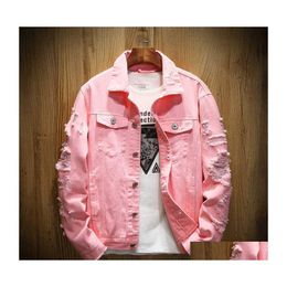 Men'S Jackets Denim Jacket Men Ripped Holes Mens Pink Jean Garment Washed Coat Designer Clothes X0710 Drop Delivery Apparel Clothing Dh6Rk