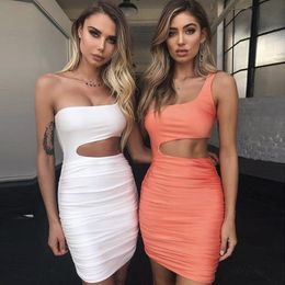 Casual Dresses Women's Sexy Dress Summer One-Shoulder Pleated Bag Hip Sleeveless Nightclub Tight Mini Street Wear Party 2023