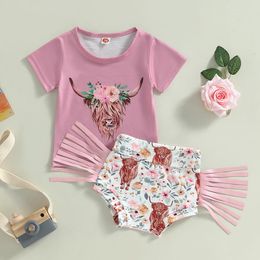 Clothing Sets Toddler Infant Baby Girls Summer Outfit Short Sleeve Cow Head T-shirt With Flower Print Tasselled Shorts Set