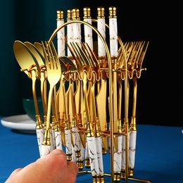 Dinnerware Sets Gold Luxury Dinnerware Set Ceramic Full Tableware Stainless Steel Knife Fork Spoon Set 24 Piece Kitchen Table Cutlery Gift 230503