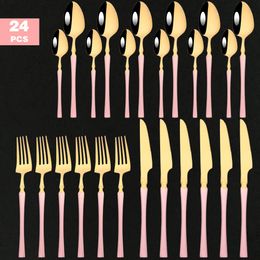 Dinnerware Sets Pink Gold Cutlery Set Stainless Steel 16/24Pcs Dinner Tableware Knives Fork Spoon Dinnerware Kitchen Flatware Silverware Set 230503