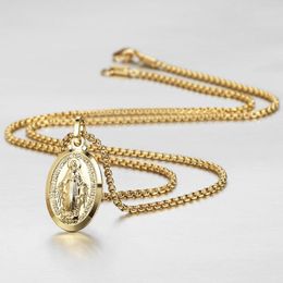 Pendant Necklaces Chic Oval Virgin Mary Necklace For Women Girls Yellow Gold Colour Satellite Link Chain Choker Fashion GP430