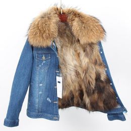 Fur fur lover 2022 New fashion Women's denim jacket natural Fur coat parkas Female coat winter Real raccoon fur collar Jeans jacket