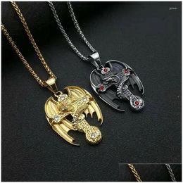 Pendant Necklaces Stainless Steel Mens European And American Christian Religious Goldplated Flying Dragon Cross Drop Deliver Dhgarden Dhtqn