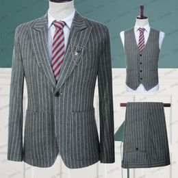 Men's Suits Blazers Suits For Men 3 Pcs Casual Slim Fit Summer Grey Linen White Stripe Blazer Vest Pants Set Formal Wedding Tuxedos Groom 230503