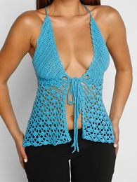 Camisoles Tanks Y2K Hollow Out Knitted Tank Tops Women Solid Colour V Neck Tie Up Split Vest Summer Club Beach Sexy Crop Tops Female 230503