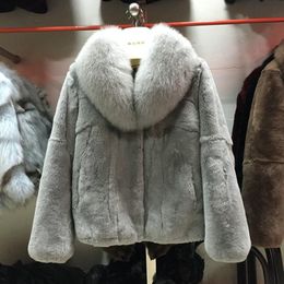 Fur 2021 natural whole skin Rex rabbit fur coat short style jacket large fox fur collar overcoat 2019 women's winter outerwear coats