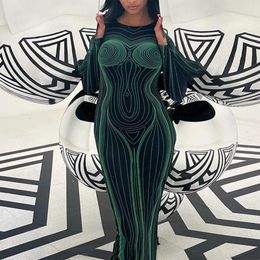 Casual Dresses Women Bodycon Long Sleeve Printed Streetwear 2023 Spring Green Party Club Evening Dress Y2K Vintage Clothes