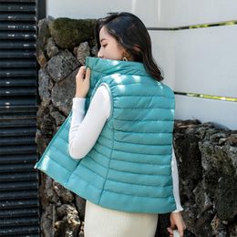 Leather Stand Collar Down Vest Women Ultralight Casual Winter Waistcoat Pockets Padded Chalecos Sleeveless Quilted Jacket