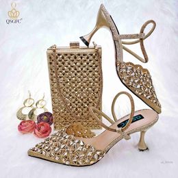 Dress Shoes QSGFC 2022 Latest All-match Hollow Design Golden Rhinestone Decoration Pointed Toe High-heeled Shoes Bag Set