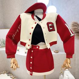 Suits Red Embroidered Letter Coat Short Bomber Jackets Patchwork Contrast Mini Black Skirt Sets Autumn 2022 Casual 2piece Tracksuits