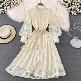 Casual Dresses Runway Designer Vintage Lace Midi Long Dress Hollow Out Embroidery Stand Collar Lantern Sleeve Bow Sashes Lace-Up Party