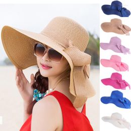 Wide Brim Hats Summer Large Sun Hat For Women Holiday Seaside Wide-brim Foldable Straw Beach Bow Decorative Visor Caps