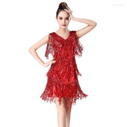 Stage Wear Temperament Latin Dance Dress Sleeveless Sequins Sparkle Bodycon Dancewear 360-Degree Surround Glitter Tassel