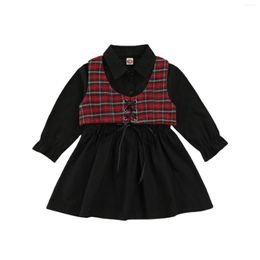 Clothing Sets Infant Girl Casual Two-piece Clothes Set Black Solid Color Long Sleeve Collared Dress And Plaid Printed Pattern Tank Tops