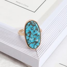 Cluster Rings Fashion Oval Hexagon Turquoise Kallaite Healing Crystal Ring Blue Stone Geometric Gold Plated Finger For Women Jewellery Dhgcr