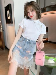 Work Dresses Chinese Wind Bead Chain Collar Bump Color Wheel Buckle Hollow-out Lace Stitching Pure T-shirt Female Amoi