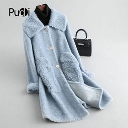 Fur Pudi Women Winter Long Style Real Wool Fur Coat Big Pocket Jacket Over Size Parka Lady Fashion Genuine Fur Coat Outwear A19069