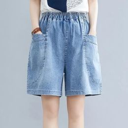 Women's Shorts Women's Denim Shorts Blue Elastic Waist Mid Rise Loose Beach Shorts with 2 Front Pockets Female Jeans Short Pants 230503