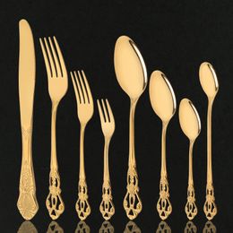 Dinnerware Sets Gold 8Pcs Luxury Dinnerware Mirror Stainless Steel Vintage Western Flatware Cutlery Set Tableware Knife Ice Spoon Fruit Fork Set 230503