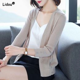 Pullovers Casual Solid Thin Ice Silk Knitted Cardigan Women Outer Blouse Sun Protection Small Shawl Slim Vneck Button Women's Clothing
