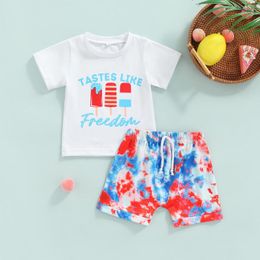 Clothing Sets Independence Day Infant Two Piece Outfits Baby Girl Boys Letter Short Sleeve T-shirt Tie Dye Printed Drawstring Shorts