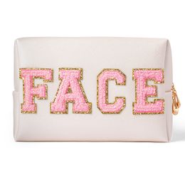 Cosmetic Bags Cases Cute Travel Chenille Varsity FACE Letter Makeup Bag Preppy Patch Pouch for Teens Girl Toiletry Storage Organizer 230503