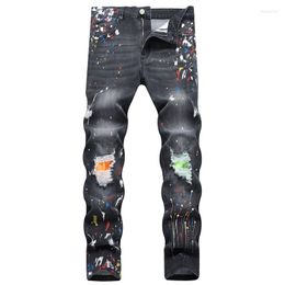 Men's Jeans Spring Street Trend Men's Ripped Stick Cloth Mid-Waist Black Casual Pants Fashion Dump Paint Hip Hop Biker Trousers