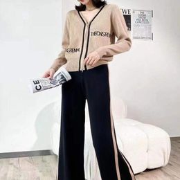 Suits Spring 2023 New Korean Leisure Sports Wide Leg Pants Two Piece Sets Womens Outifits Zipper Knitted Cardigan Suit Fashion