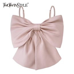 Camis TWOTWINSTYLE Sexy Patchwork Bow Women Vest Square Collar Sleeveless Spaghetti Strap Slim Tunic Tank Tops Female Clothes 2022 New