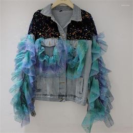 Women's Jackets Diamond-studded Beaded Coat Women Lace Stitching Loose Fashion Denim Jacket