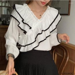 Women's Blouses 2023 Summer Woman Chic Korea Japan Girls Sexy Shirts Retro White Black Layer Ruffles Off Shoulder Tops