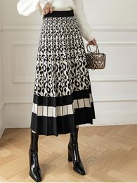 Dresses TIGENA Knitted Long Skirt Women Autumn Winter Fashion Leopard Printed A Line High Waist Pleated Midi Skirt Female Midlength