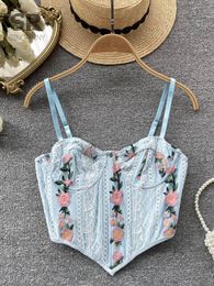 Camisoles Tanks SINGREINY Floral Embroidery Lace Sexy Camisole Fashion Women Backless Blue French Y2K Female Summer Beach Style Crop Tops 230503