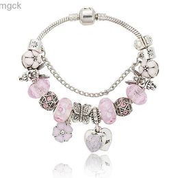 Charm Bracelets Pink sakura heart Pendant Charms Bracelet for 925 Silver 3mm Snake Chain Charm Bracelets for Women with Original