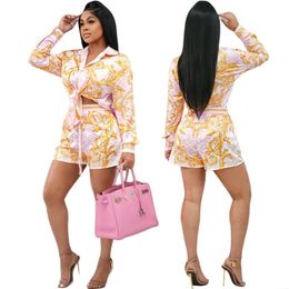 European American women's Tracksuits casual print long-sleeved shirt shorts suit