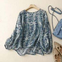 Women's Blouses Blue Floarl Print Vintage O-Neck Lantern Three Sleeve Loose Women's Blouse Shirt Korean Fashion Female Top 2023 Summer