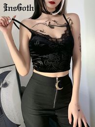 Camisoles Tanks InsGoth Mall Goth Lace Trim Black Camis Vintage Aesthetic Basic Camisole Women Sexy Spaghetti Straps Backless Corset Top 230503