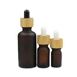 Simple Glass Dropper Bottle Bamboo Woode Lid Portable Empty Frost Brown Essential Oil Vials Refillable Container Cosmetic Packaging